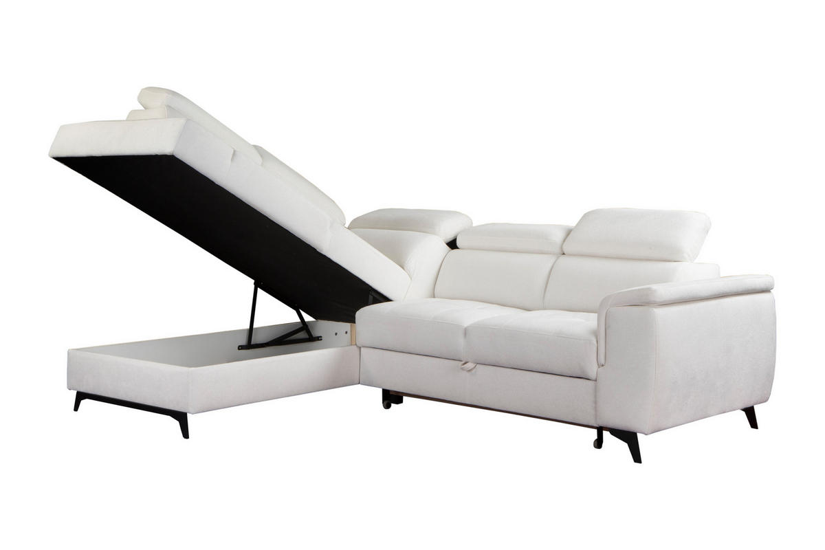 ECKSOFA VOLA Weiß Velours-Stoff mit Schlaffunktion - Weiß, Holz (270/199cm) - MASSENO