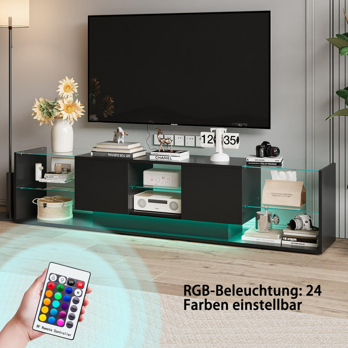LOWBOARD, 200 x 35 x 45 cm LED Highlights mit Offenen Stauraum und 2 Schubladen, Glastrennwand, MDF - Schwarz, Glas (35/45/200cm) - WoodenAura