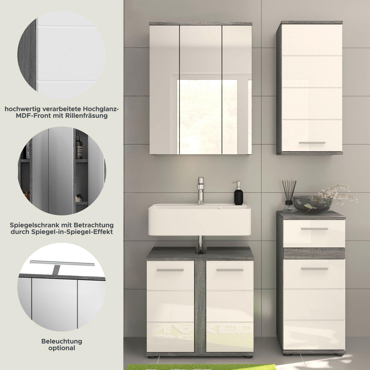 BADKOMBINATION 4tlg. Blake Bad in Rauchsilber Nachbildung und weiß hochglanz B/H/T: 114x191x34 cm - Anthrazit, Holz (114/191/34cm)