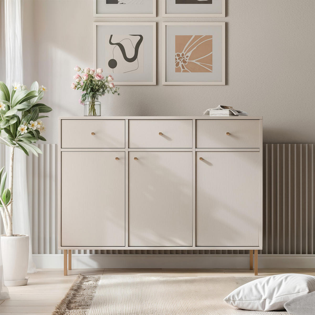 KOMMODE FLOW 124/41/95 cm, 3 Schublade(n), Beige - Beige, Holzwerkstoff/Metall (124.5/95/40.8cm) - Idohome