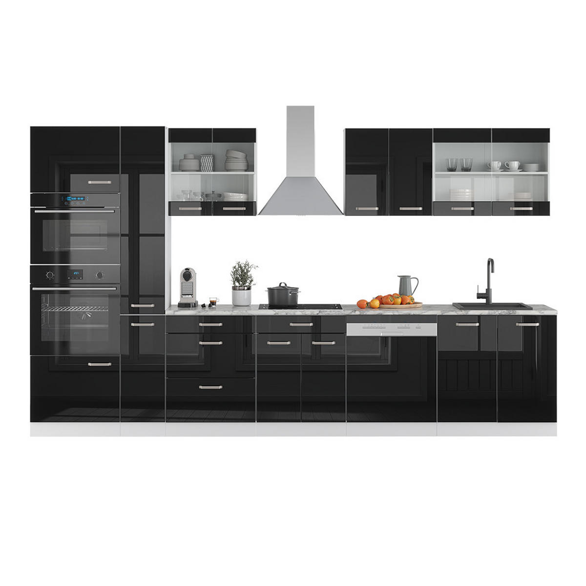 KÜCHENZEILE R-Line Schwarz Hochglanz/Weiß 350 cm mit Hochschrank AP Eiche - Schwarz Hochglanz/Weiß, Holzwerkstoff (350/81.6/60cm) - Vicco