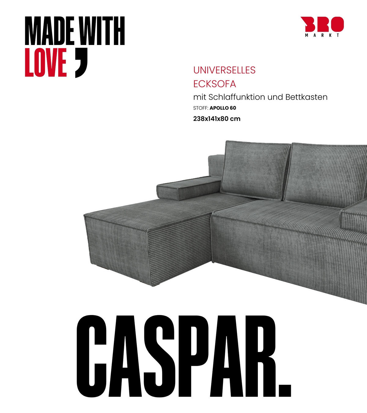 ECKSOFA Caspar mit Schlaffunktion Grau Cord - Grau, Textil (200/141cm) - Bromarkt