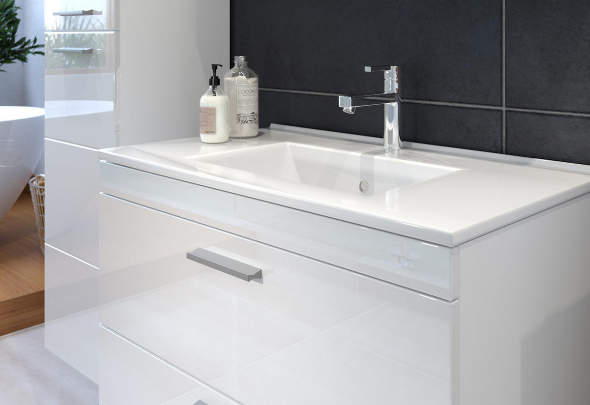 WASCHBECKENUNTERSCHRANK mit Waschbecken weiß Hochglanz, Waschtisch hängend 81 x 59 cm - Weiß Hochglanz/Silberfarben, Holzwerkstoff/Kunststoff (81/59/47cm) - Top.Furn
