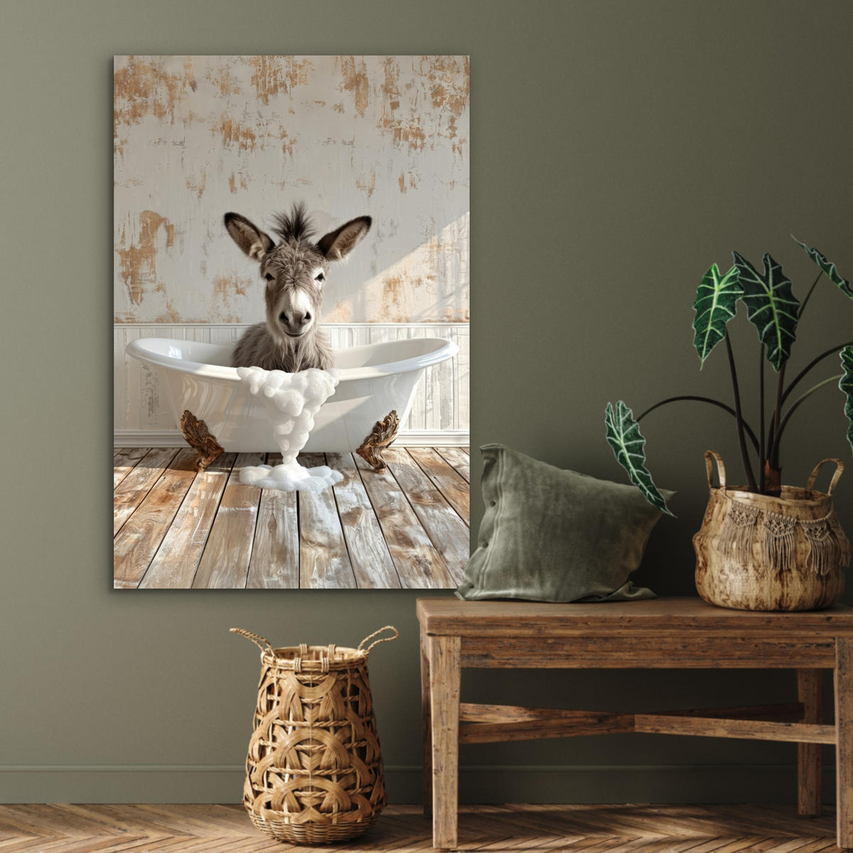 METALLBILD Esel - Tiere - Badewanne - Schaumstoff 60x90 cm - Weiß, Metall (60/90cm) - MuchoWow