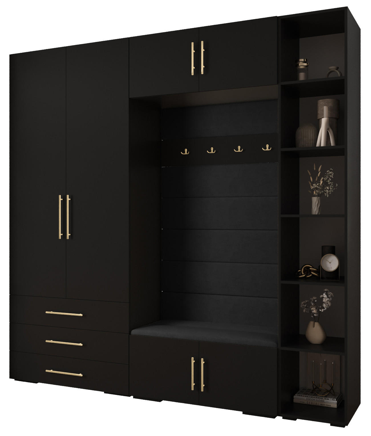 Abiks Möbel Garderoben-Set Schwarz, Schwarz, Gold 240x236.7x47 cm