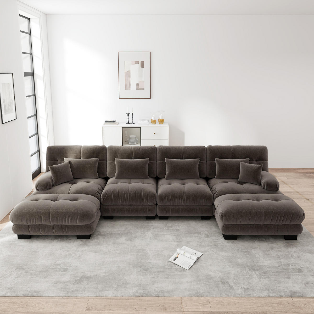 WOHNLANDSCHAFT Chenille Braun mit Hocker - Braun, Textil (406/81/145cm) - WISHDOR
