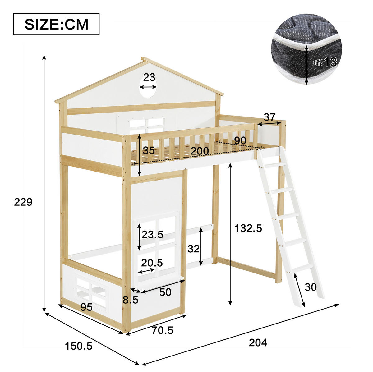 POSCHODOVÁ posteľ 90/200 cm biela/prírodná so schodíkmi, strieškou a okienkami z masívu a MDF - biela, drevo (90/200cm) - OKWISH