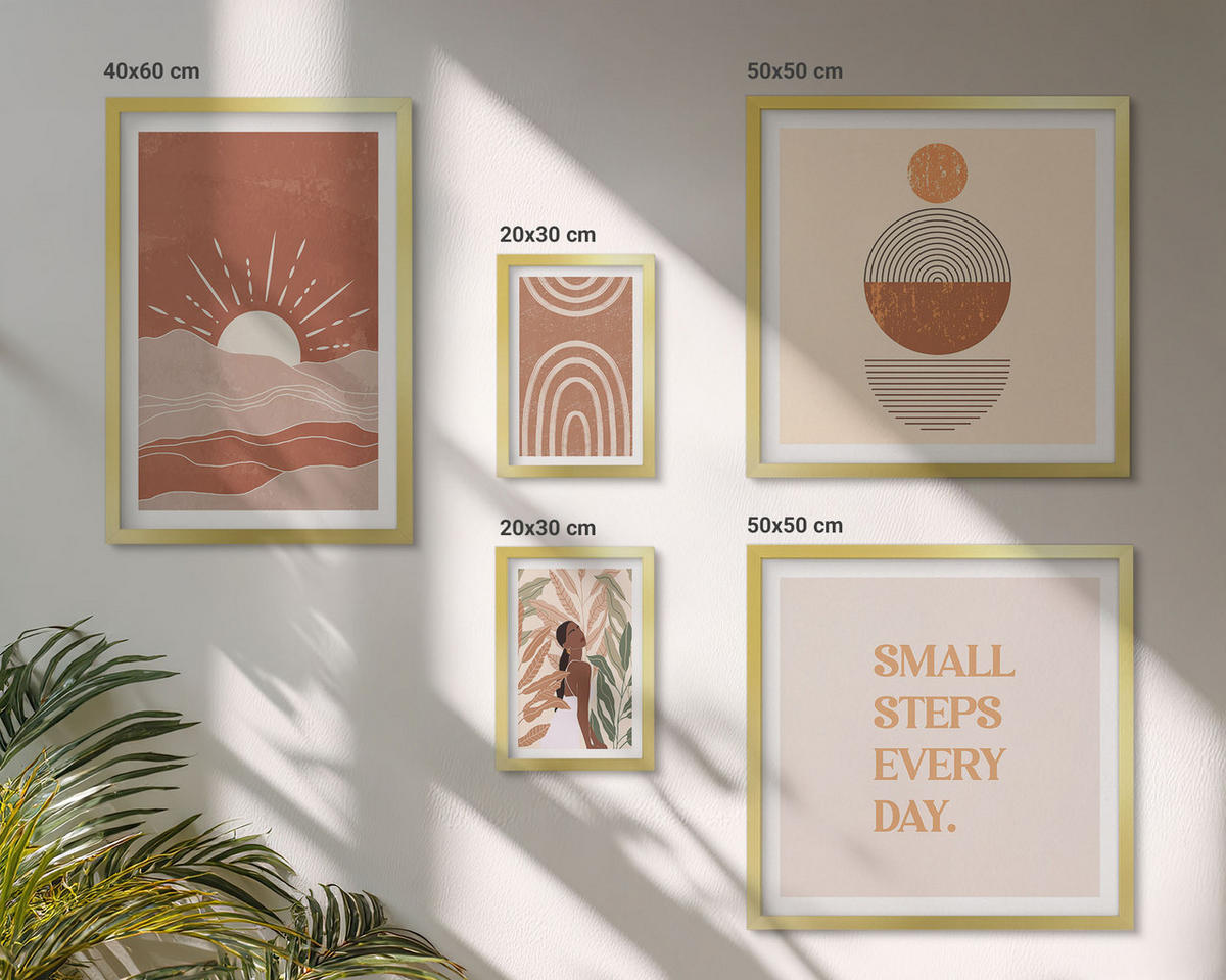 WANDBILDER 5er Set - 50x50 cm & 20x30 cm & 40x60 cm Goldrahmen - Ein entspannter Buddha am Strand - Goldfarben, Kunststoff (40/60cm) - ArtPrintCave