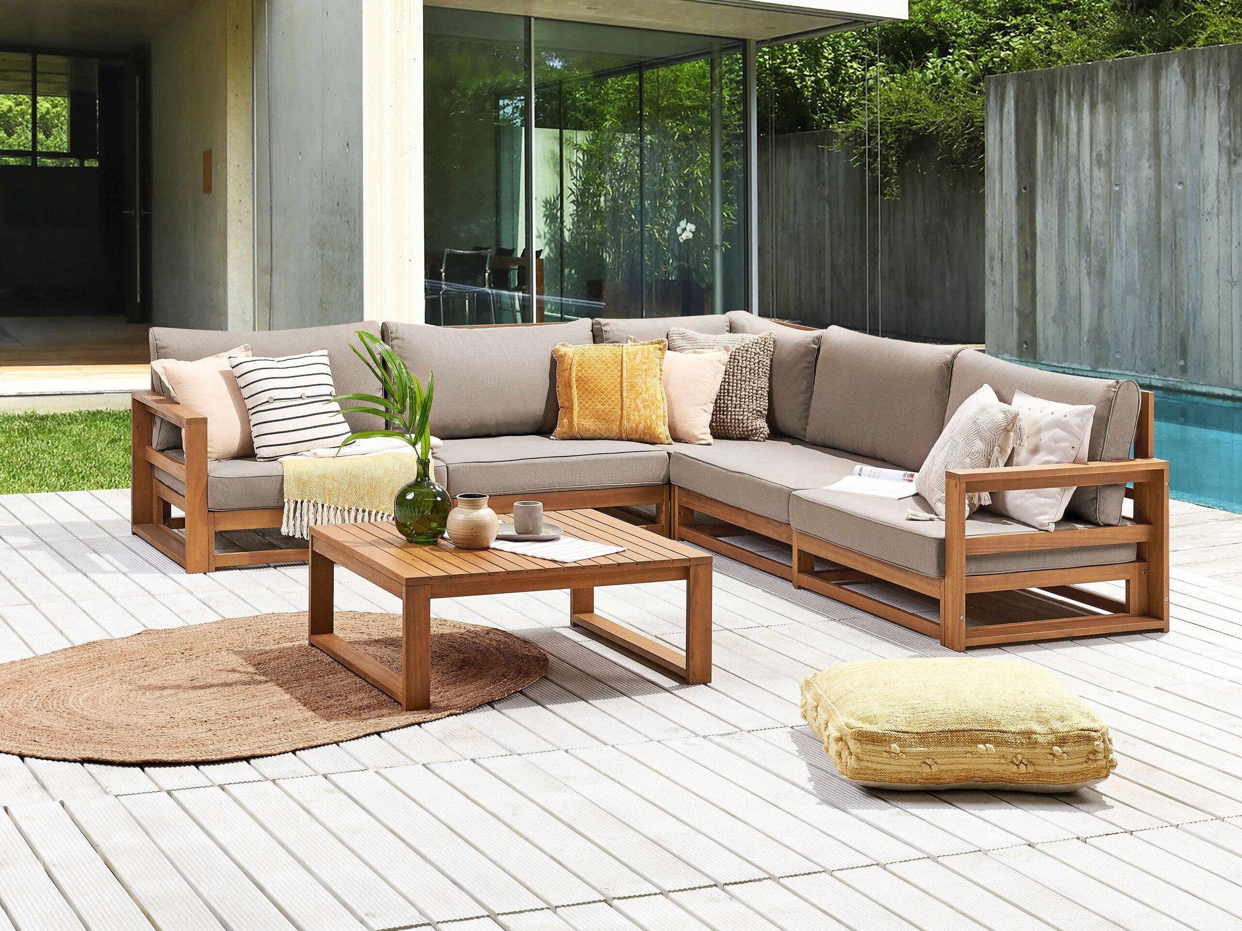 LOUNGE-SET 5-Sitzer zertifiziertes hellbraun modular Auflagen taupe Timor II - Taupe, Holz - Beliani