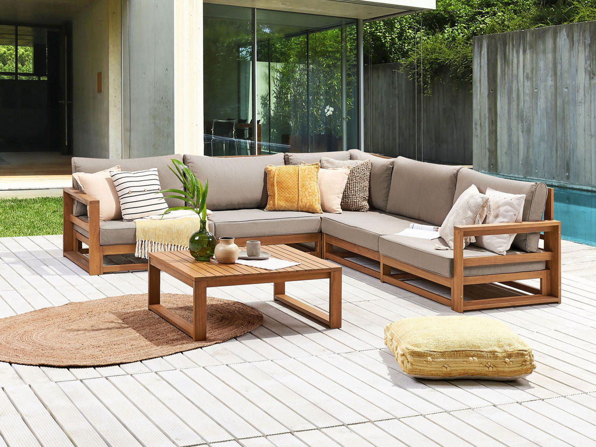LOUNGE-SET 5-Sitzer zertifiziertes hellbraun modular Auflagen taupe Timor II - Taupe, Holz - Beliani