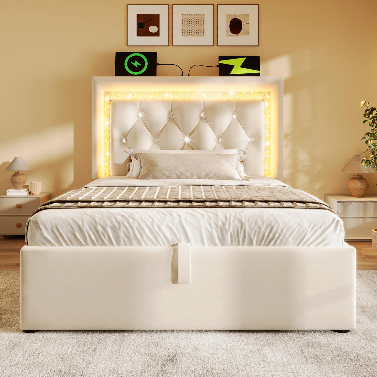 POLSTERBETT 90/200 cm Beige aus Samt mit Stauraum und LED-Beleuchtung mit Matratze - Beige, Textil (90/200cm) - OKWISH