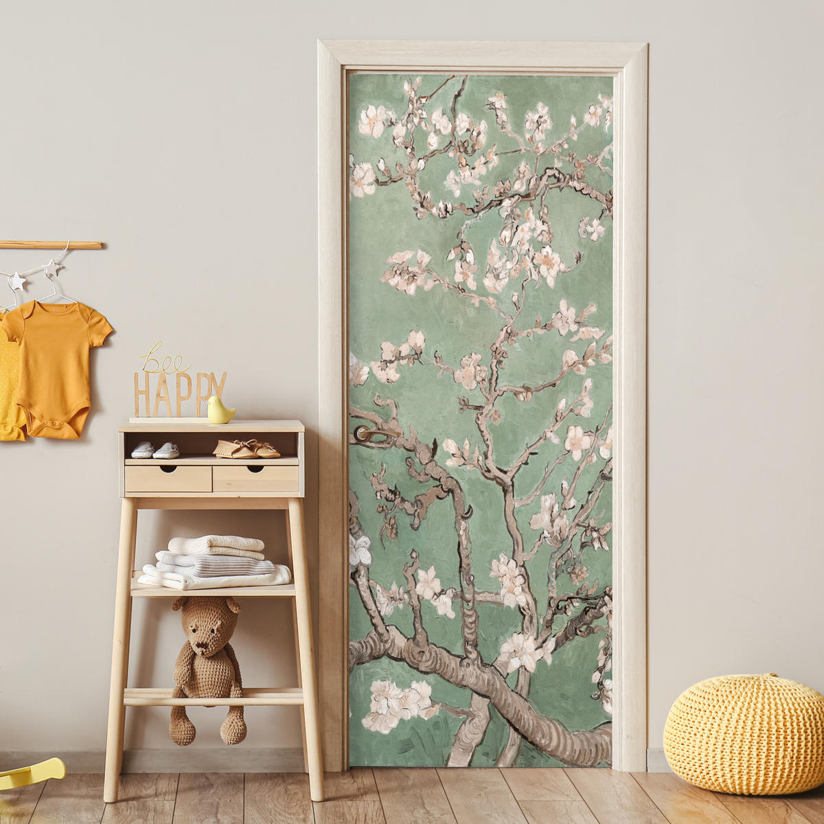 TÜRAUFKLEBER Selbstklebend - Mandelblüte - Kunst - Van Gogh - Grün 95x235 cm - Türtapete - Salbeigrün, Kunststoff (95/0.1cm) - MuchoWow