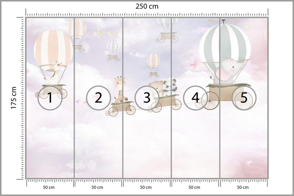 FOTOTAPETE für Kinderzimmer Tiere Wolken Luftballons 250x175 - Beige/Violett, Papier (250/175cm) - Muralo