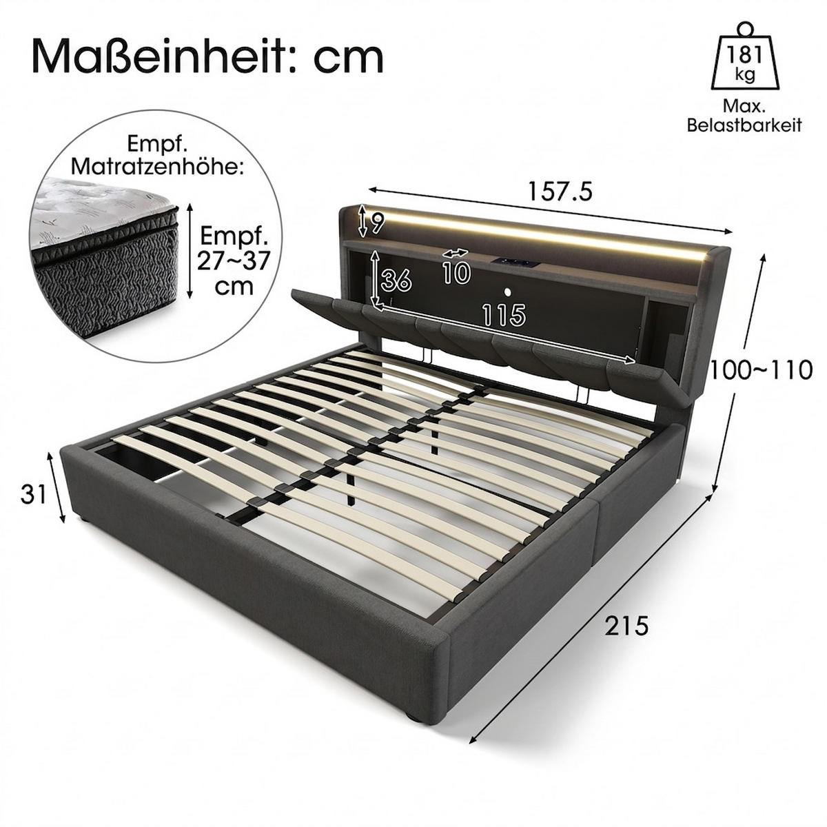 POLSTERBETT 140/200 cm Grau mit USB Ladefunktion, LED-Beleuchtung und Stauraum-Kopfteil - Grau, Textil (140/200cm) - Oxeza