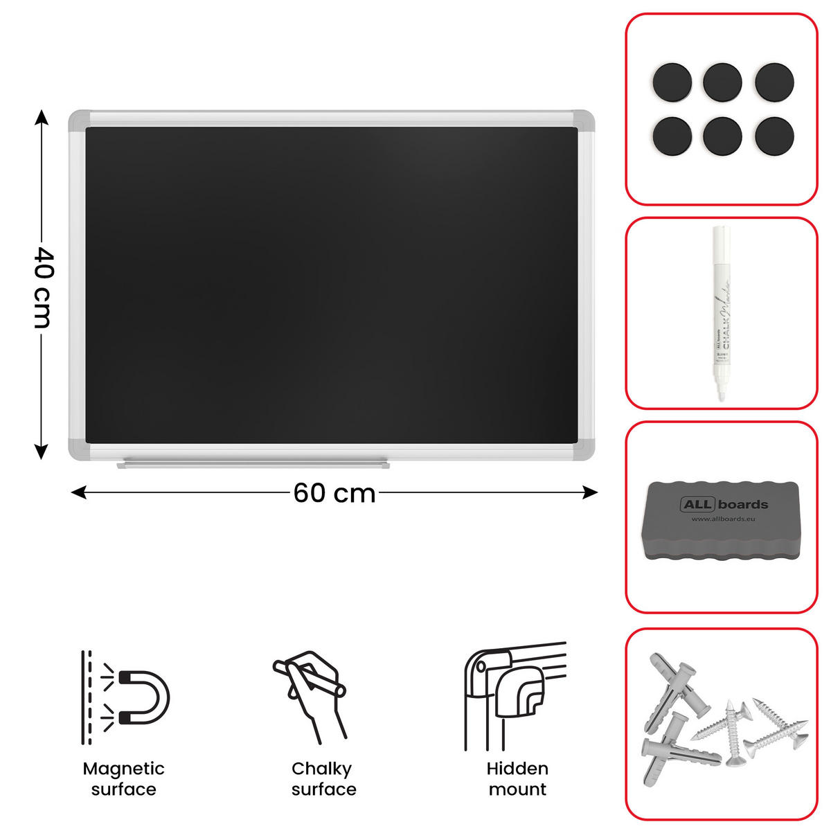 SCHWARZE magnetische Kreidetafel mit Alurahmen Premium EXPO 60x40cm - Schwarz, Metall (60/40/1.6cm) - ALLboards