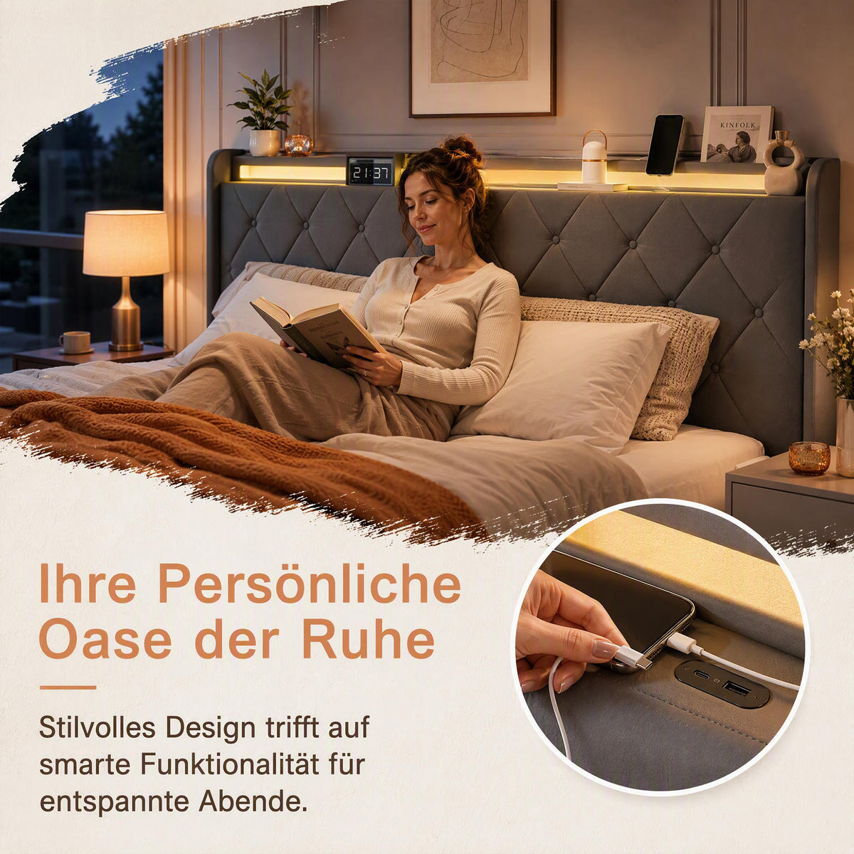 POLSTERBETT, LED-Beleuchtung Doppelbett 140x200cm mit Ladefunktion und 4 Schubladen, Samt, grau - Grau, Holz/Holzwerkstoff (140/200cm) - GENKI LIVING