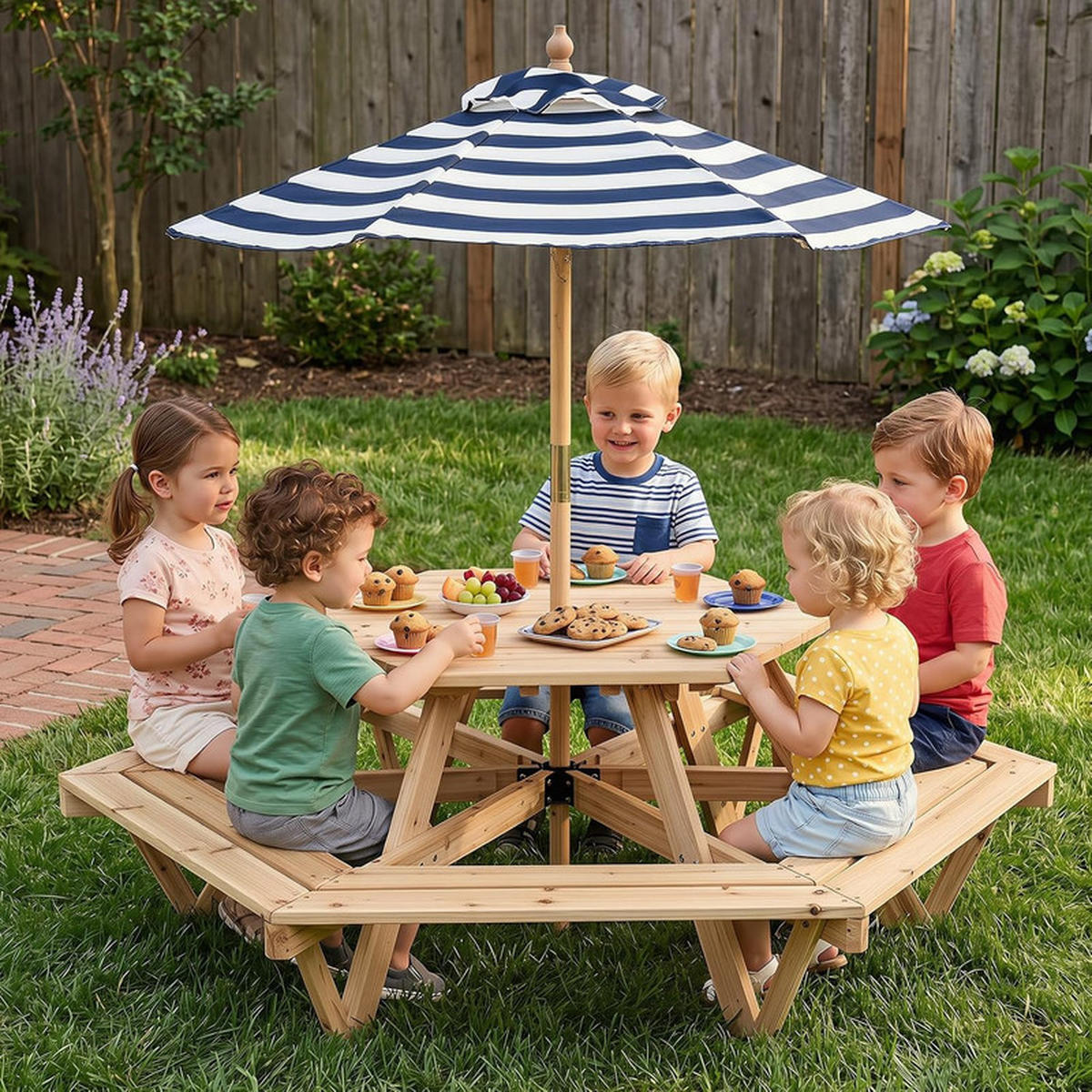 KINDER OUTDOOR-SITZGRUPPE mit Sonnenschirm natur - Naturfarben, Holz - COSTWAY