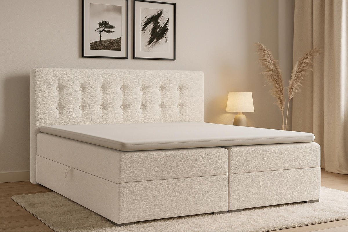 BOXBETT CYNTHIA LUX 160/200 in Boucle Ecru H3 - Ecru, Holzwerkstoff (160/200cm) - Deine Möbel 24