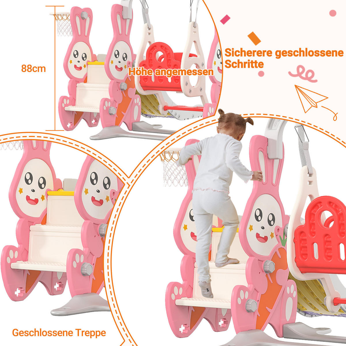 4-IN-1 RUTSCHBAHN Kinder Kaninchen Rosa Mit Schaukel & Basketball - Rosa, Holz (153/118/170cm)