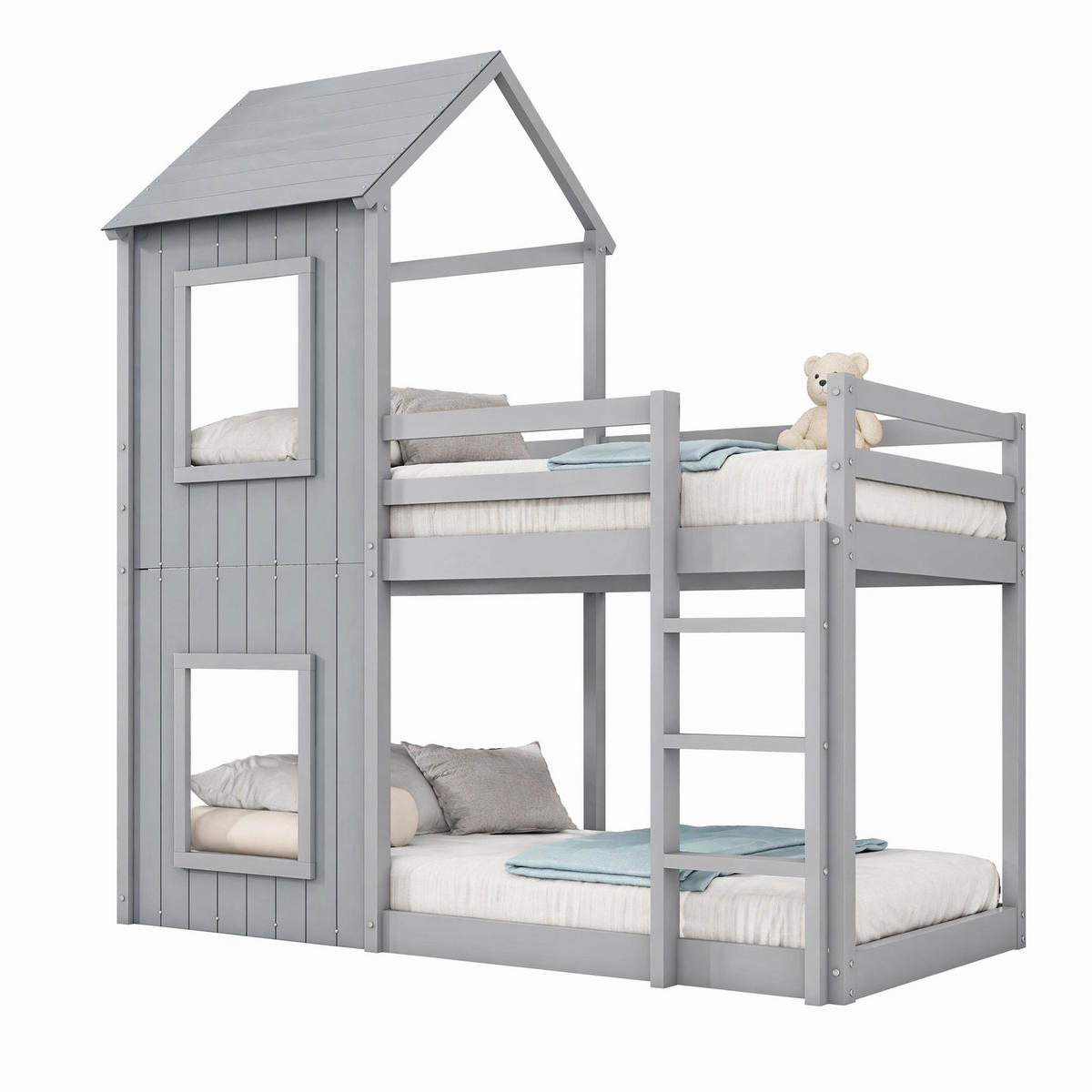 ETAGENBETT 90/200 cm in Grau im Hausbett-Design mit Sicherheitsgeländer - Grau, Holz/Holzwerkstoff (90/200cm) - CHICFURN