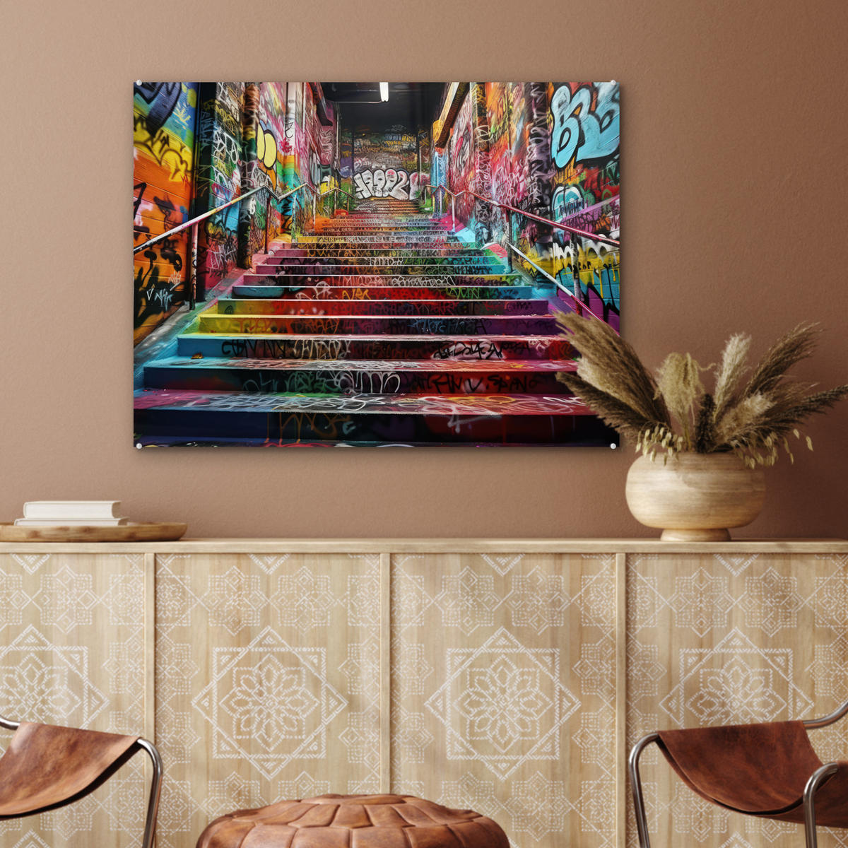 ACRYLGLASBILD Treppe - Graffiti - Farben - Kunst 80x60 cm - Multicolor, Glas (80/60cm) - MuchoWow