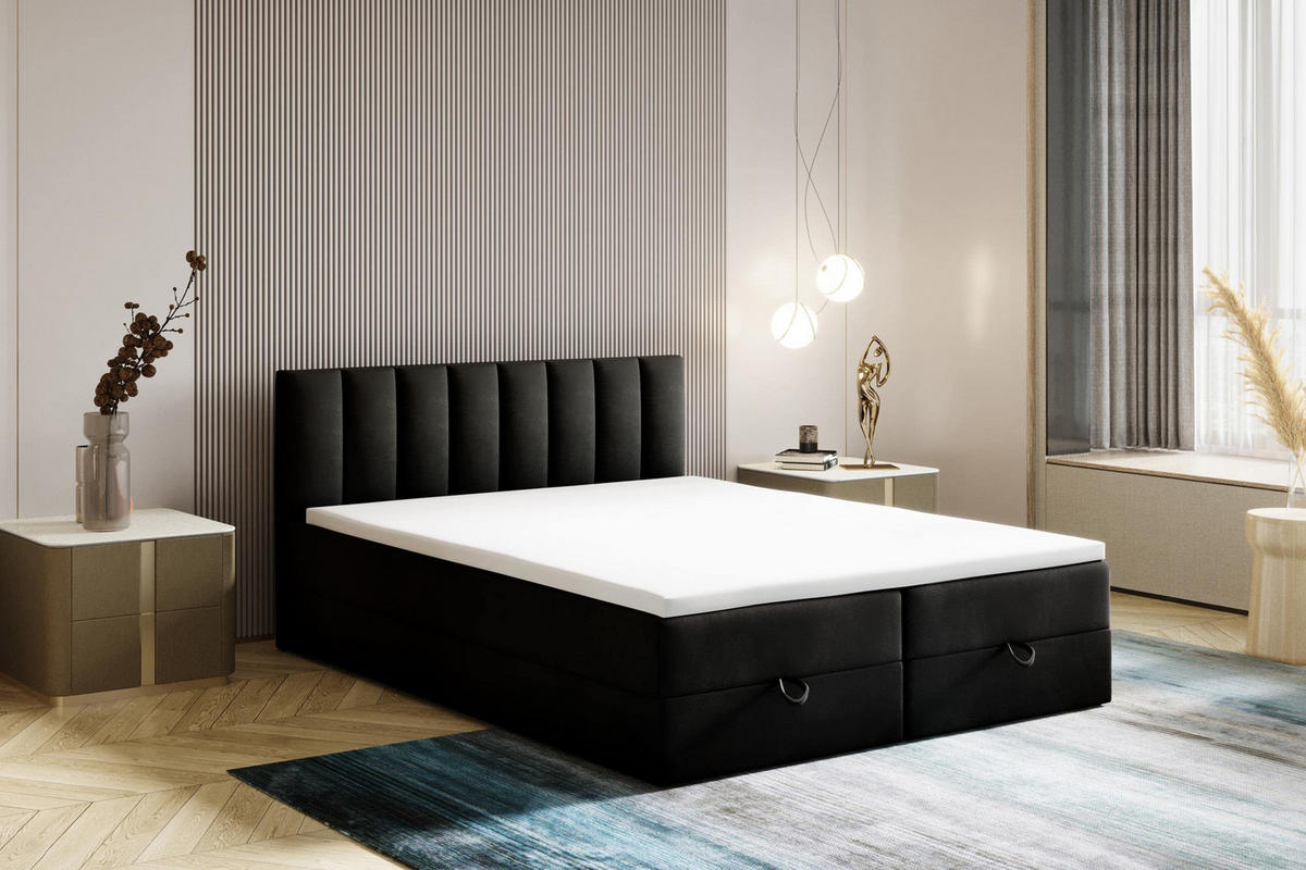 BOXBETT 140 x 200 cm mit Bonellmatratze H3, CITY, Elegant gestepptes Kopfteil und Topper 5cm, Bettkasten, Schwarz - Schwarz, Holzwerkstoff/Kunststoff (140/200cm) - Trada