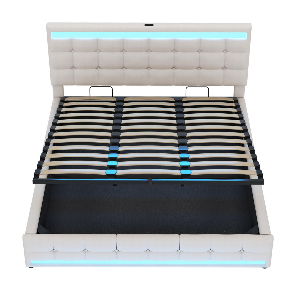 POLSTERBETT aus Leinenstoff 180x200 cm in Beige mit RGB-LED & 2 USB-Anschlüssen - Beige, Textil (180/200cm) - Modfu