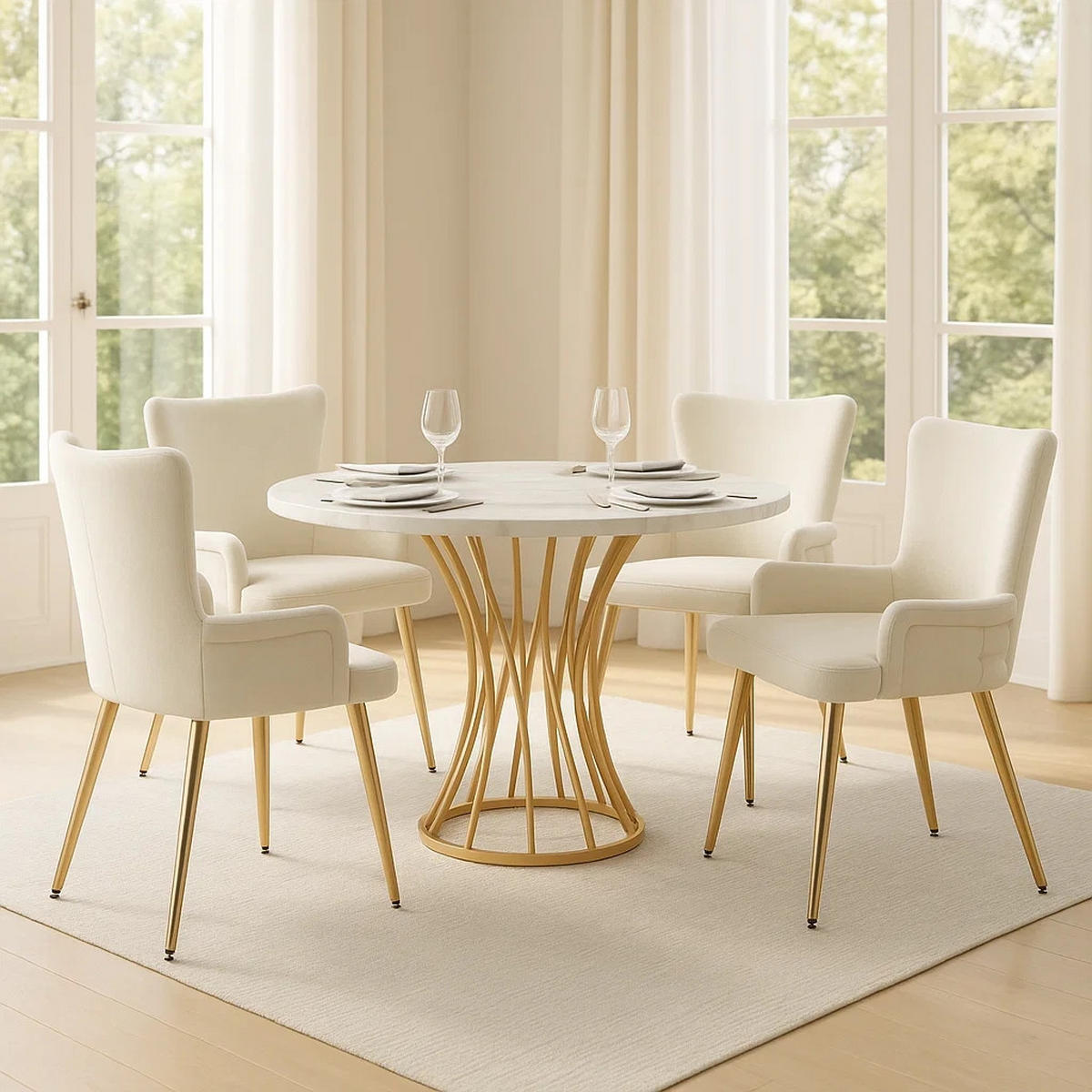 ESSTISCH SET mit 4 Stühlen, Weißer Marmoroptik und Goldenes Gestell - Beige, Holzwerkstoff/Textil (80/76/80cm) - Urban Meuble
