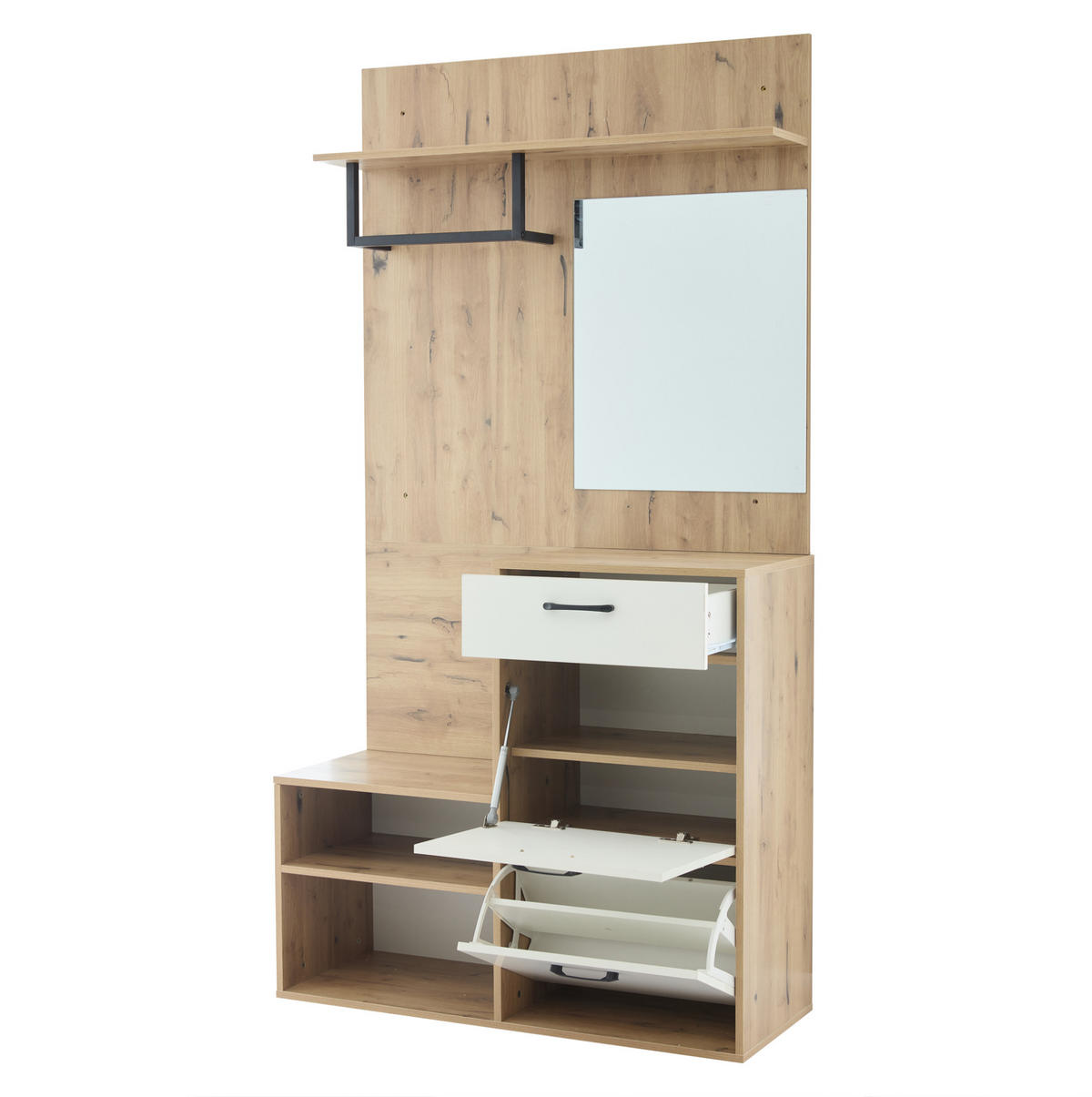 GARDEROBENSET mit Spiegel und Schuhbank 100 x 38,5 x 190 cm Weiß/Natur - Weiß, Holzwerkstoff (38.5/190/100cm) - Beauniv