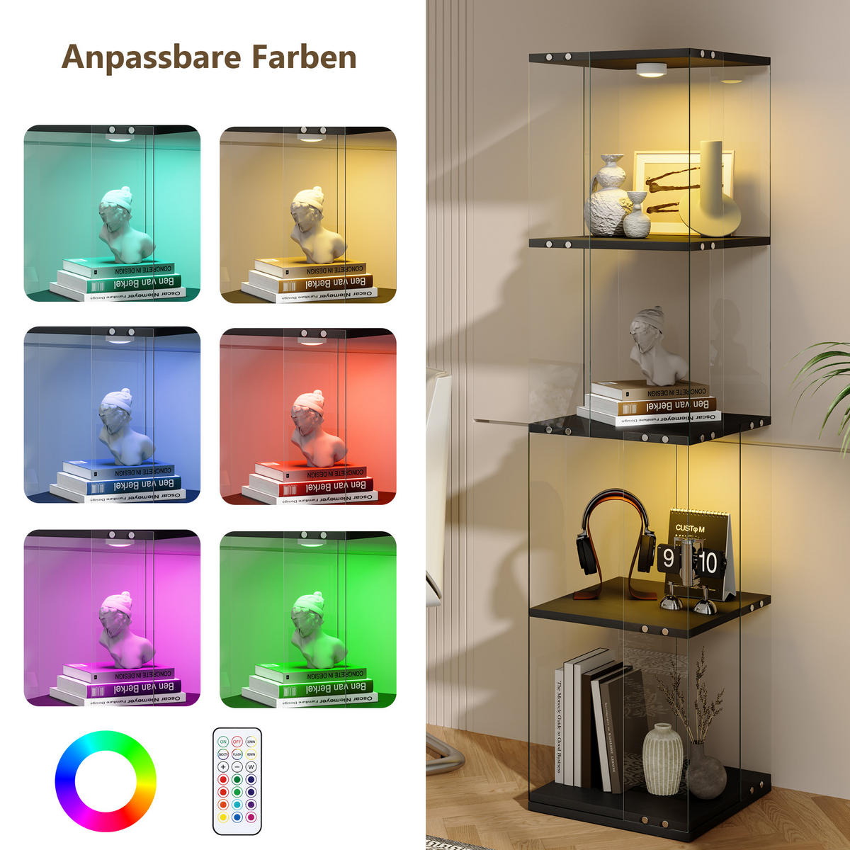 GLASVITRINE 360° drehbar mit RGB LED, schwarz, 4 Ebenen - Schwarz, Glas (38/160/38cm) - SHOPENTRA