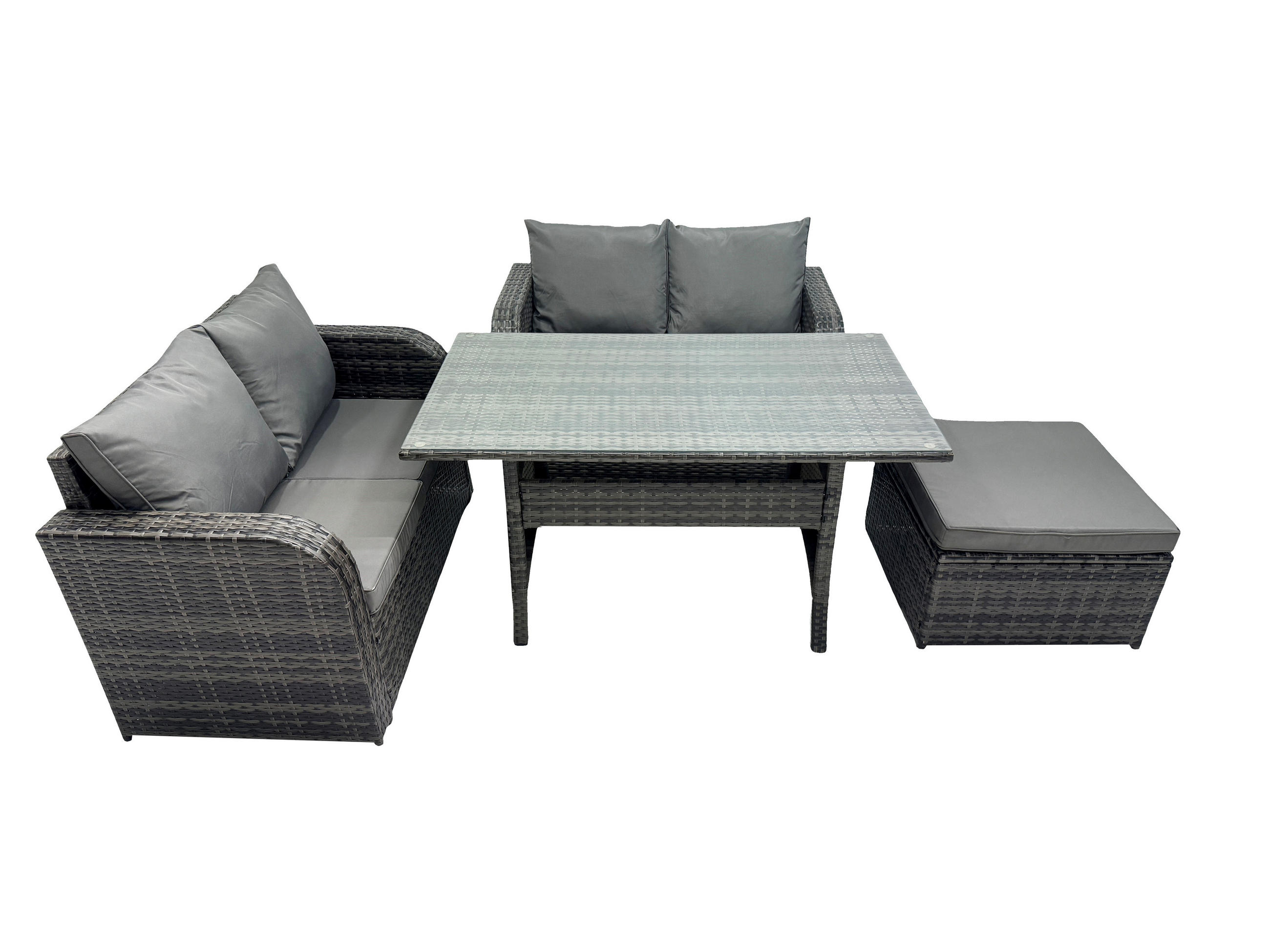 GARTENSET mit Zweisitzer,Hocker,Esstisch Polyrattan 5-Sitzer - Dunkelgrau/Grau, Glas/Kunststoff - Fimous