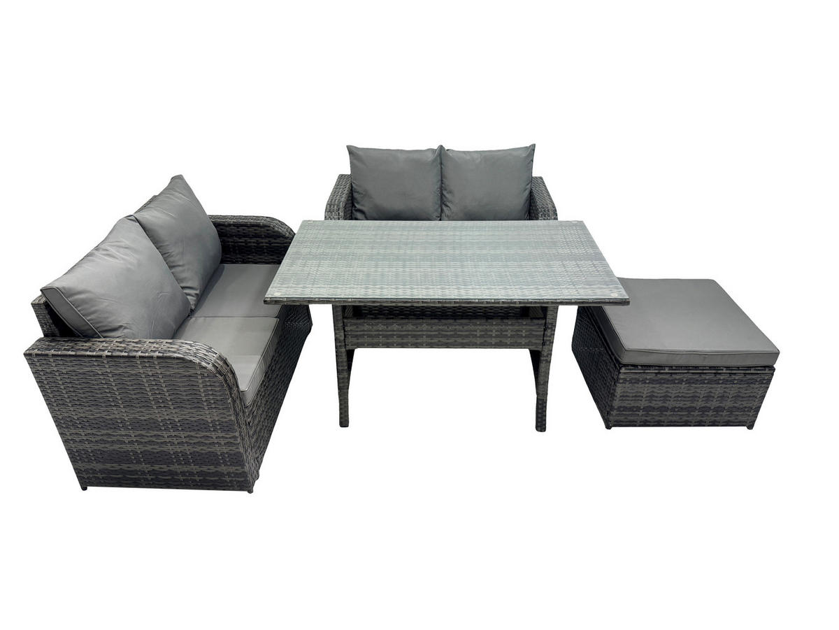 GARTENSET mit Zweisitzer,Hocker,Esstisch Polyrattan 5-Sitzer - Dunkelgrau/Grau, Glas/Kunststoff - Fimous