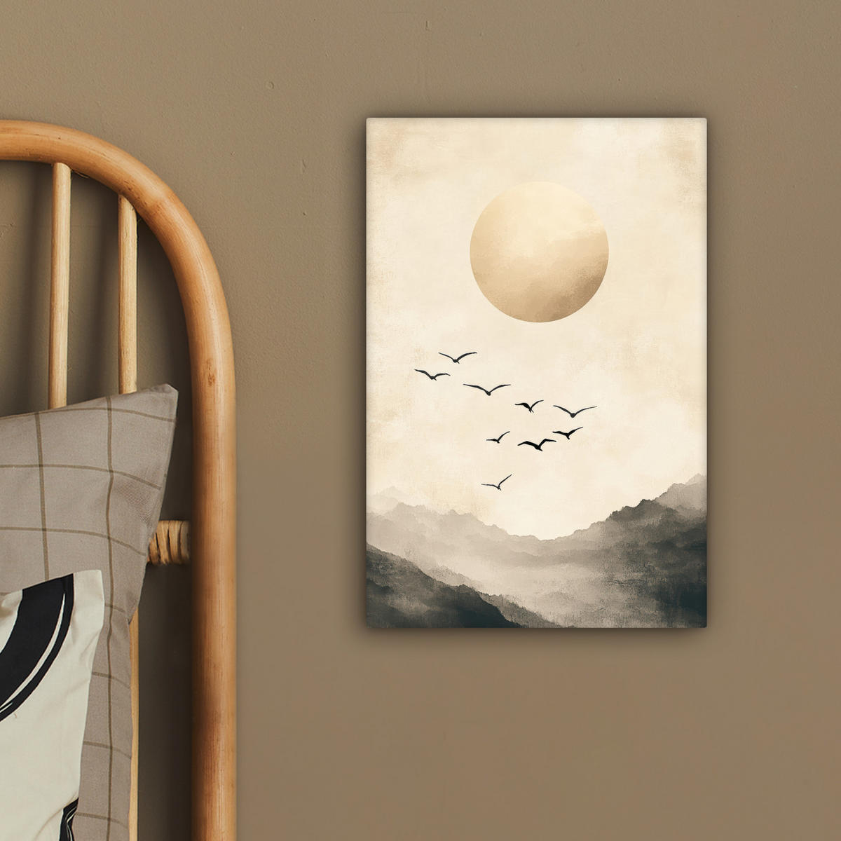 LEINWANDBILD Landschaft - Japandi - Vogel 20x30 cm - Beige, Textil (20/30cm) - MuchoWow