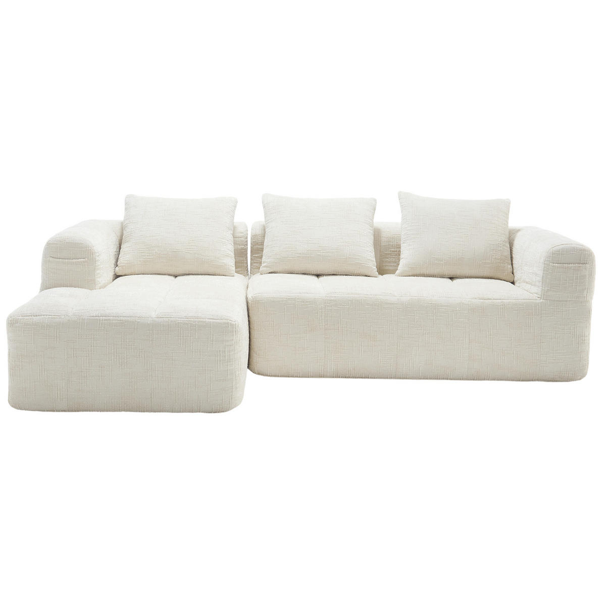 ECKSOFA 250/158/60 cm mit Chaiselongue, 3 Kissen und Seitentaschen, Chenille, Beige - Weiß, Textil (158/250cm) - Redom