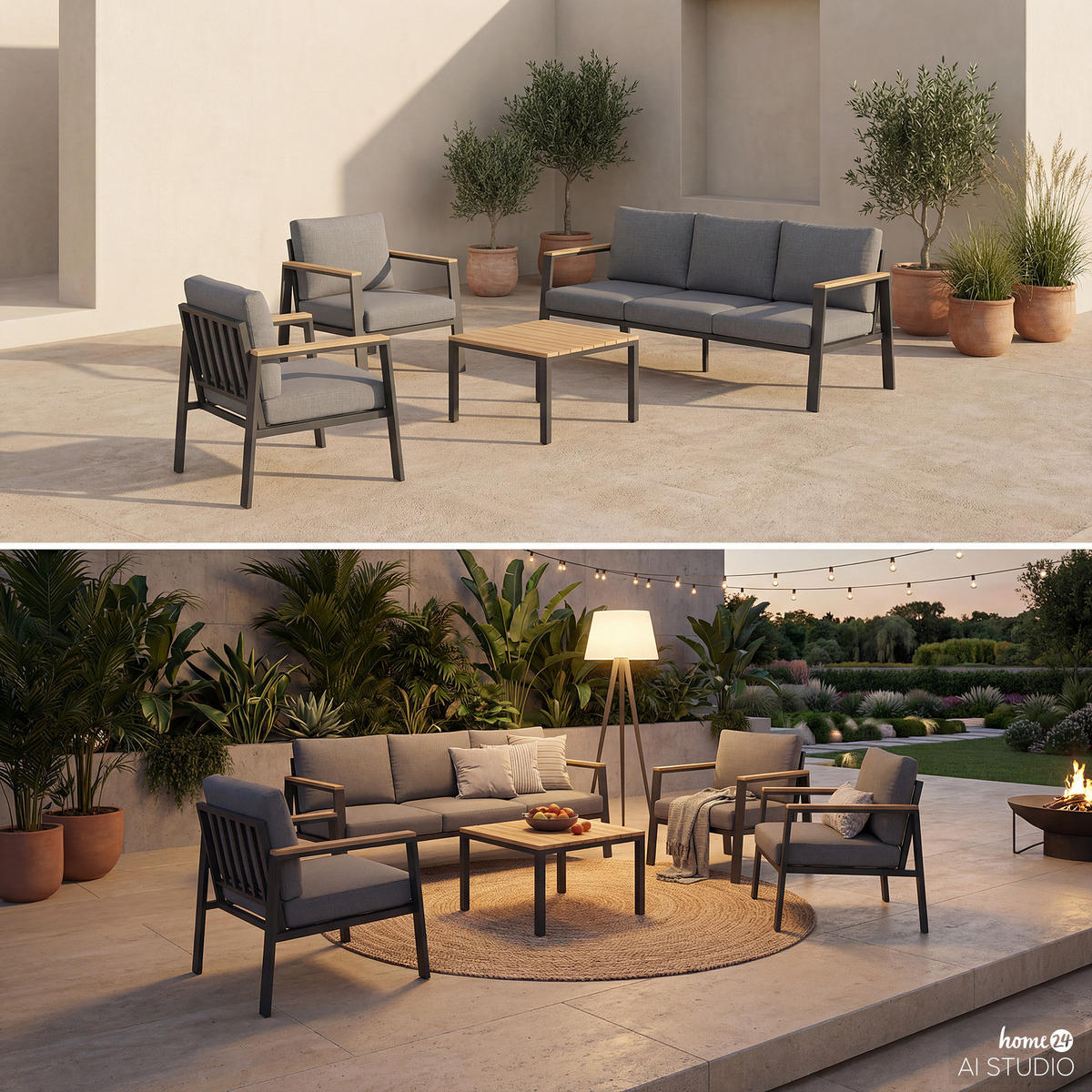 LOUNGESET - 4-teilig - Eukalyptus massiv / Polyester - Braun / Anthrazit - Braun/Grau, Holz/Textil - home24