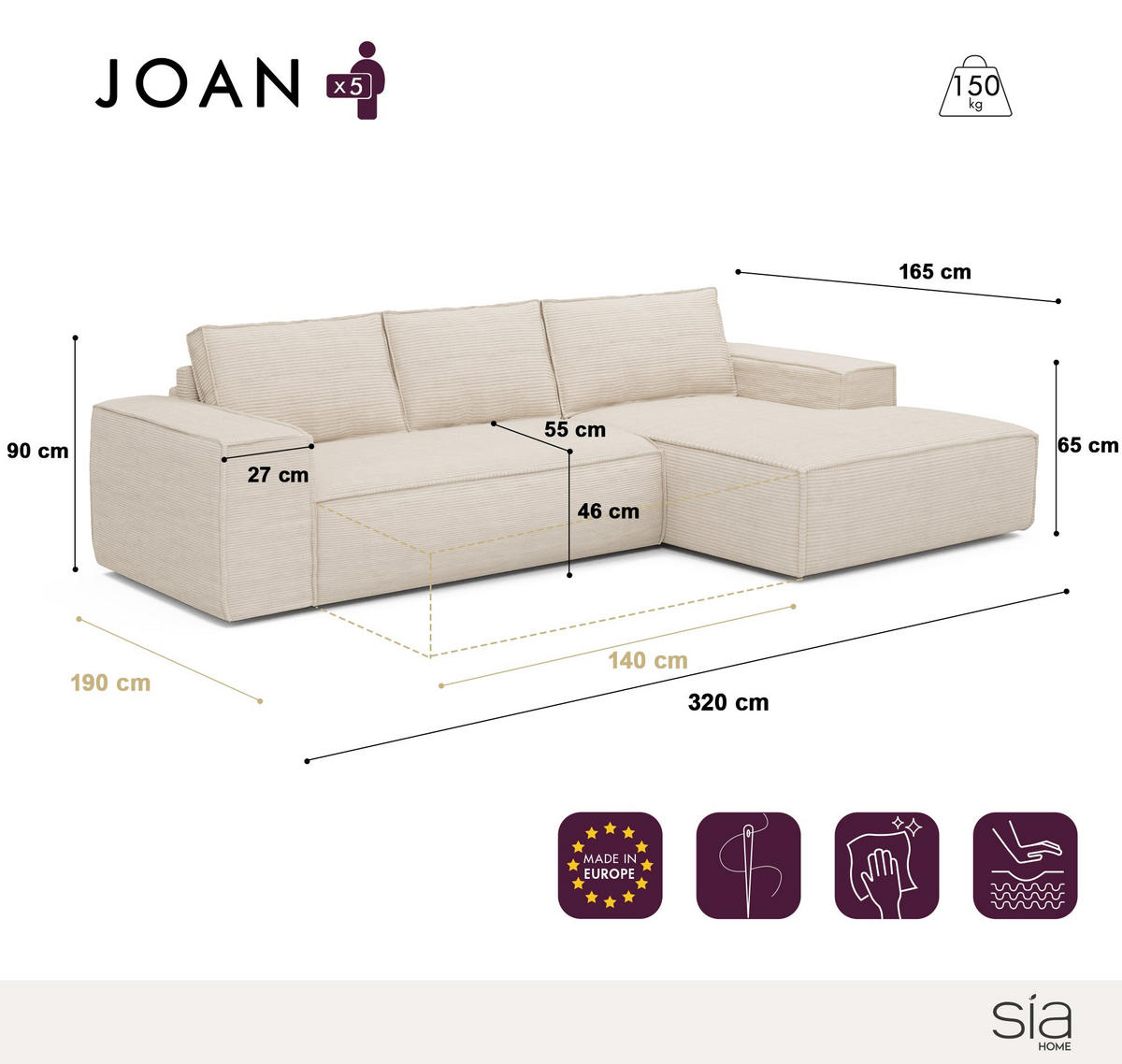 ECKSOFA RECHTS Gerippter Samt Dunkles Anthrazit 302cm - Anthrazit, Textil (302/165cm) - Sia Home