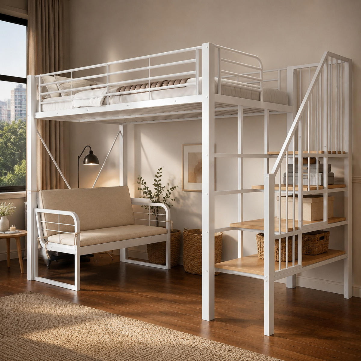 HOCHBETT 90/200 mit Polstersofa, Stauraumtreppe und Metallrahmen in Weiß - Weiß, Holzwerkstoff/Metall (90/200cm) - EVRYAE