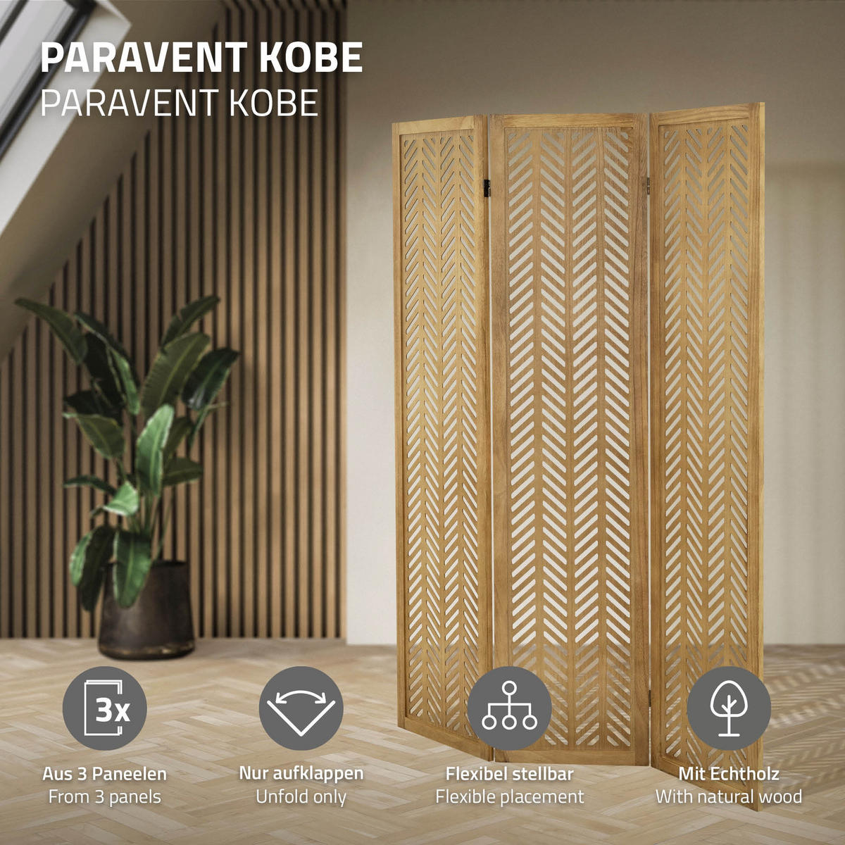 PARAVENT 3dílný Kobe 170 x 121 cm, přírodní, ze dřeva - hnědá, dřevo (121/170/2cm) - ML-DESIGN