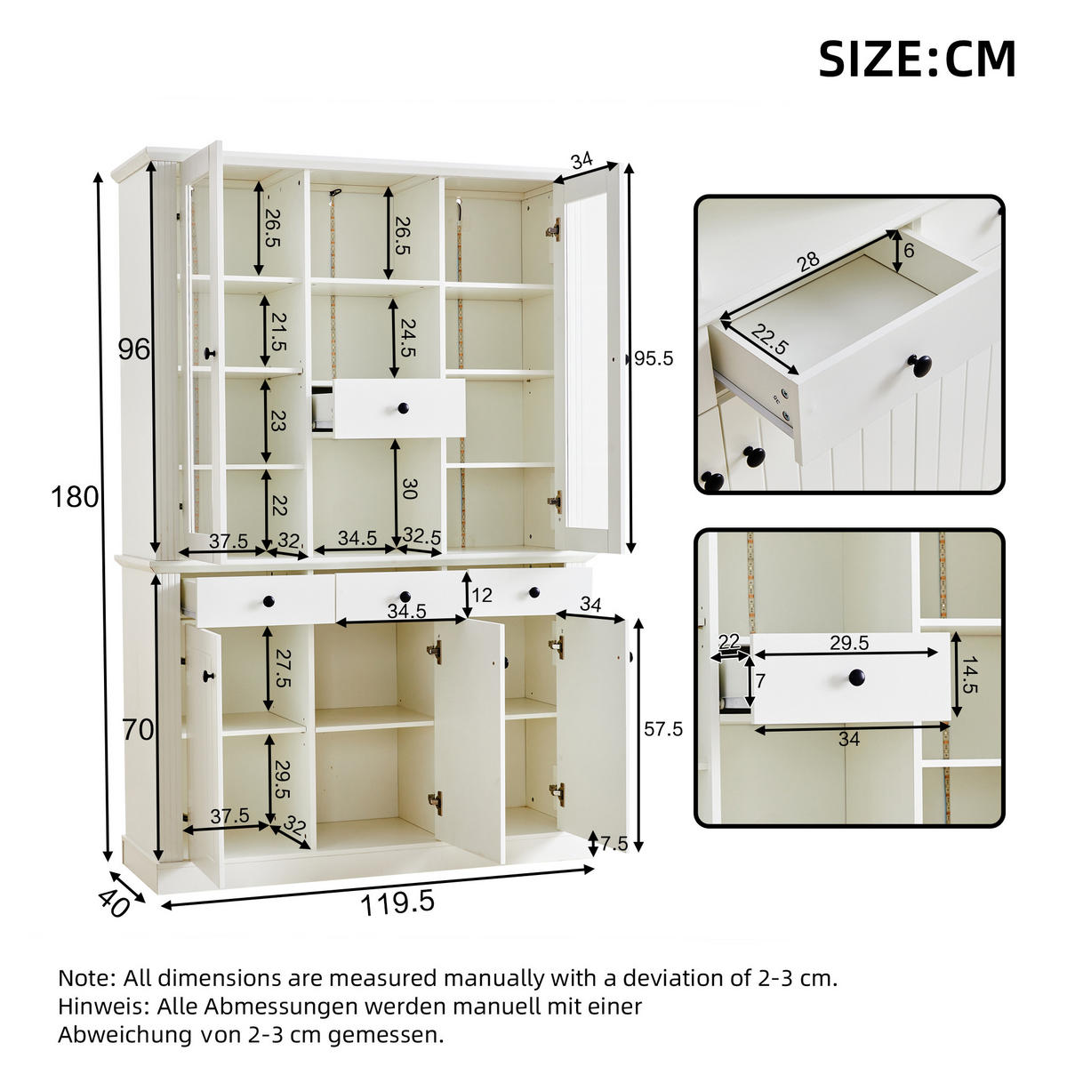 VITRINE 119,5x40x180 cm Weiß mit LED und 4 Schubladen - Weiß, Holzwerkstoff (119.5/180/40cm) - FLIEKS
