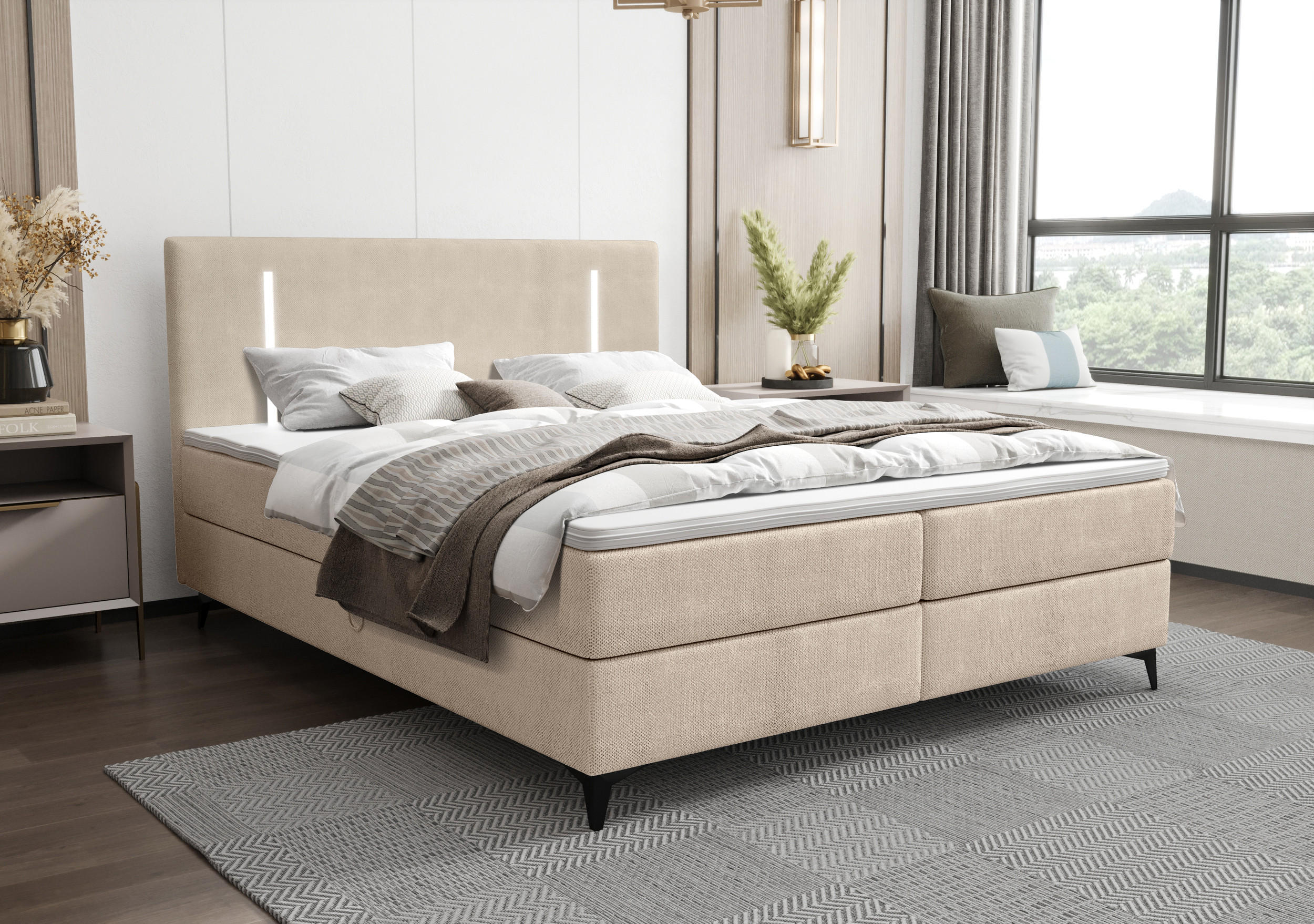 BOXBETT ONO mit Matratze H3, Bonell und Topper 180x200 CURIO 09 - Ecru, Textil (180/200cm) - Bedante