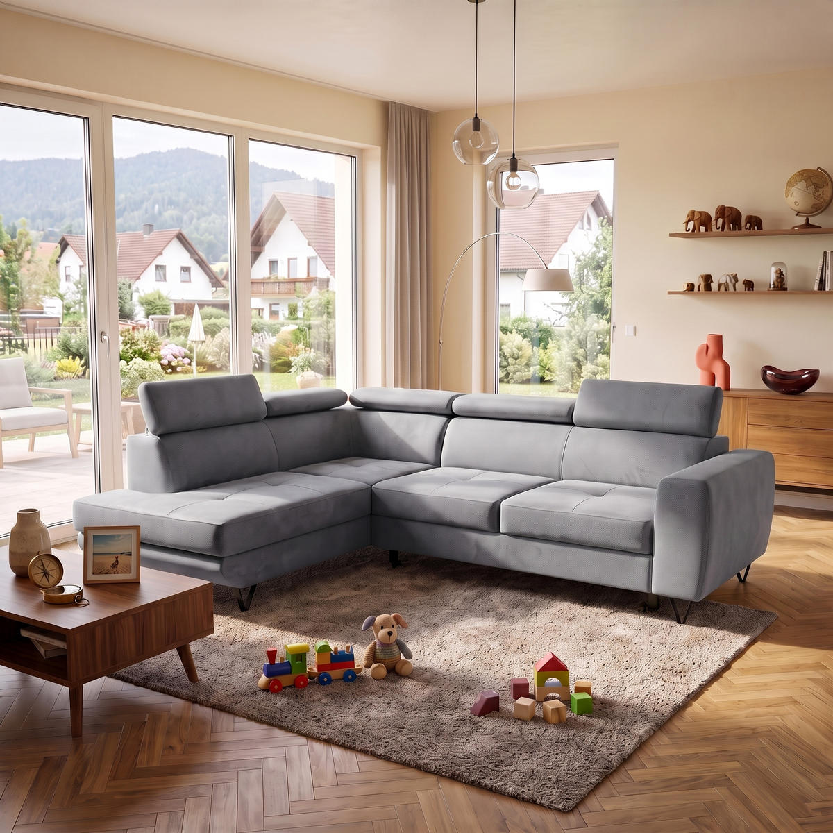 ECKSOFA JUNIOR L Links mit Schlaffunktion 194x128 Velours Grau - Schwarz/Grau, Holz/Textil (249/184cm) - Muffo