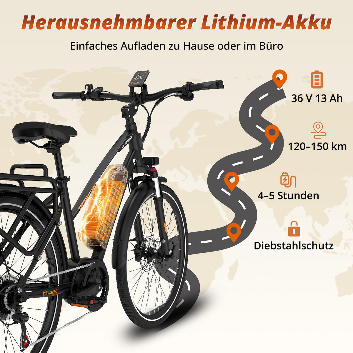E-BIKE BKU1 Mittelmotor mit 150 km Maximalreichweite - Schwarz, Metall (80cm) - HITWAY