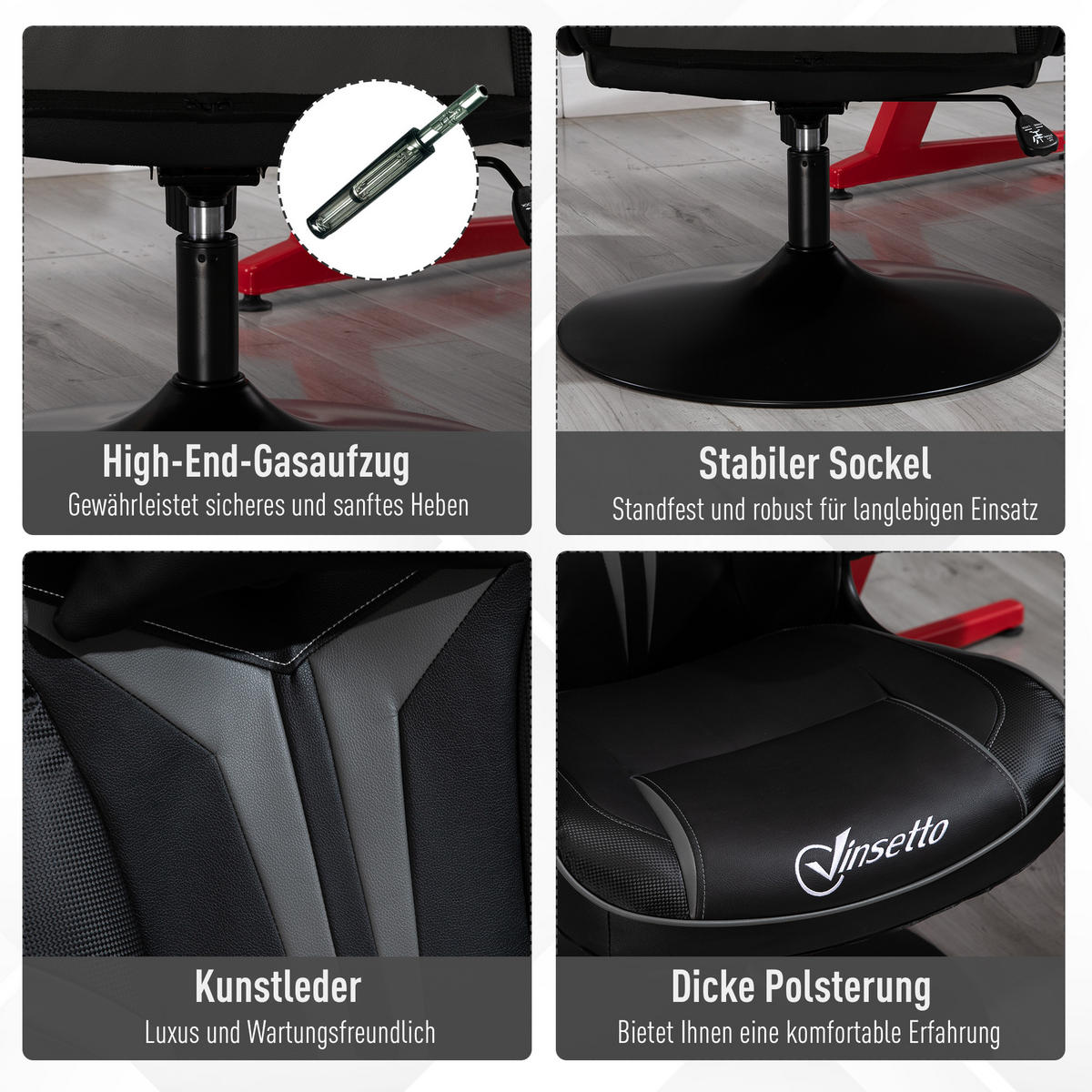 GAMING Stuhl, Drehstuhl, Schwarz+Grau - Silberfarben/Schwarz, Metall (70/112/67cm) - Vinsetto