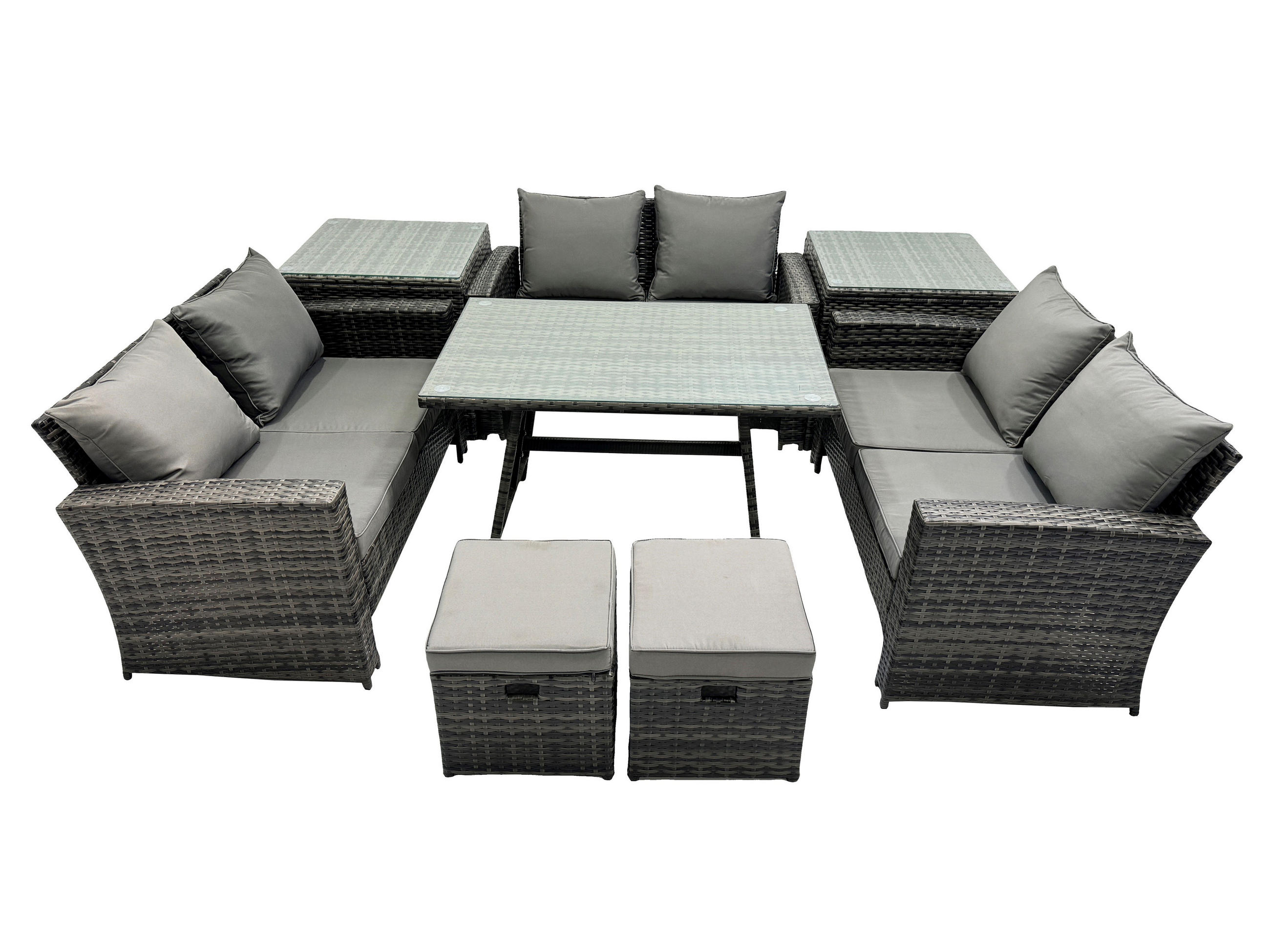 GARTENMÖBELSET mit ESSTISCH,HOCHLEHNER-SOFA Polyrattan Dunkelgrauer Mix 8-Sitzer - Dunkelgrau/Grau, Glas/Kunststoff - Fimous