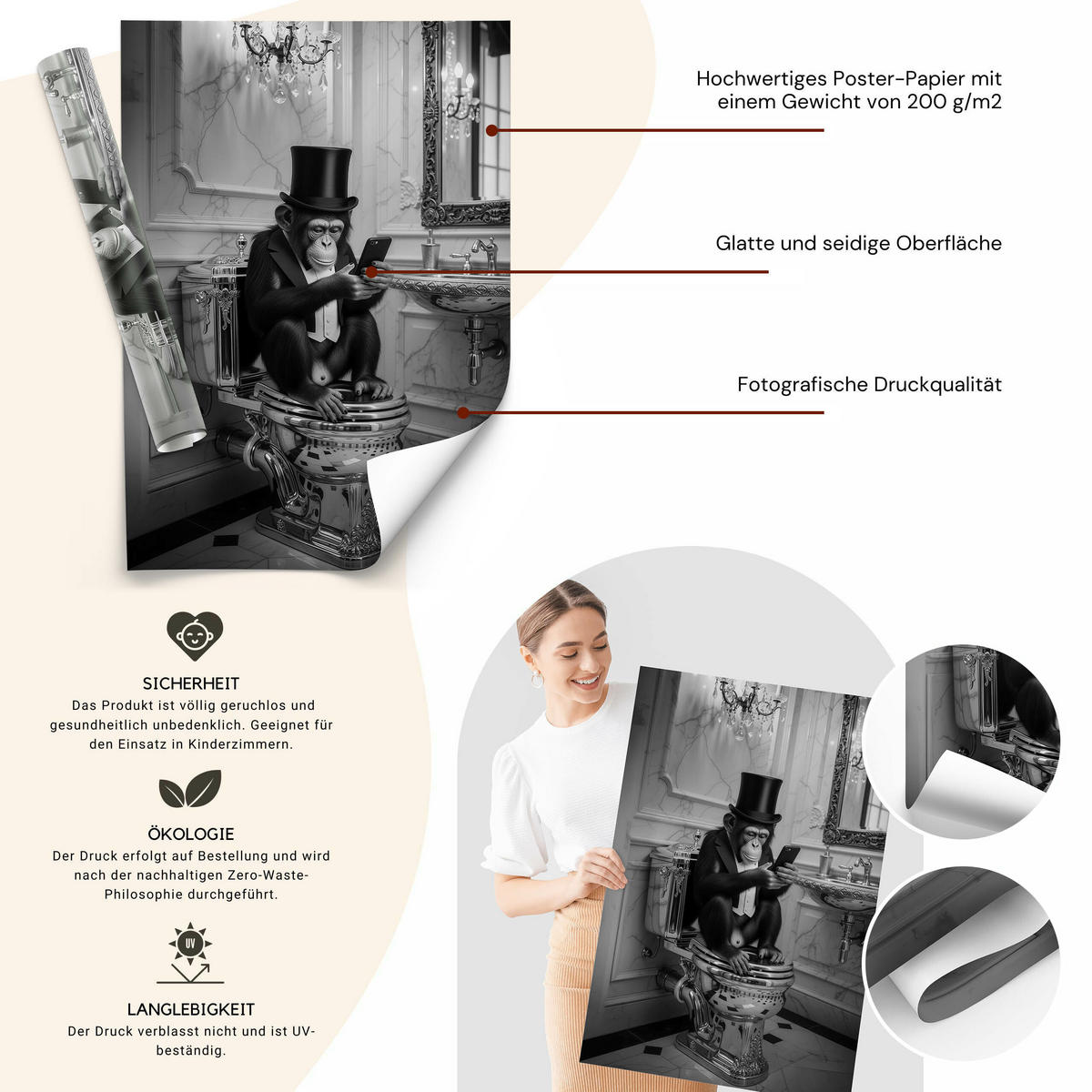 POSTER für Badezimmer WC AFFE mit Zylinder auf Toilette Abstraktion 20x30cm - Schwarz/Weiß, Papier (20/30/1cm) - Muralo