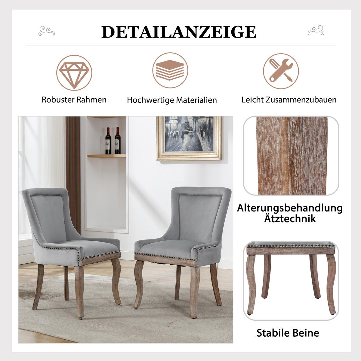 ESSZIMMERSTUHL 2er Set Samt Grau Polsterstuhl Massivholz Modern - Grau, Textil (55/91/61cm) - FLIEKS