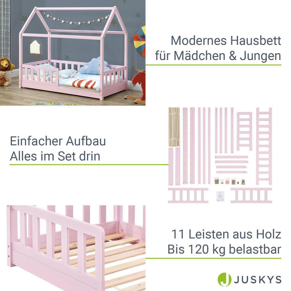 KINDERBETT Marli mit Matratze rosa 80x160 cm - Rosa, Holzwerkstoff (80/160cm) - Juskys