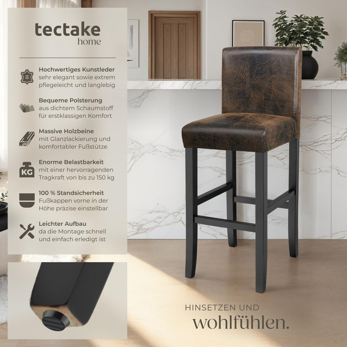BARHOCKER 4er Set Kunstleder, Sitzhöhe 76 cm, antikbraun - Anthrazit/Braun, Leder/Holz (40/107/41cm) - tectake