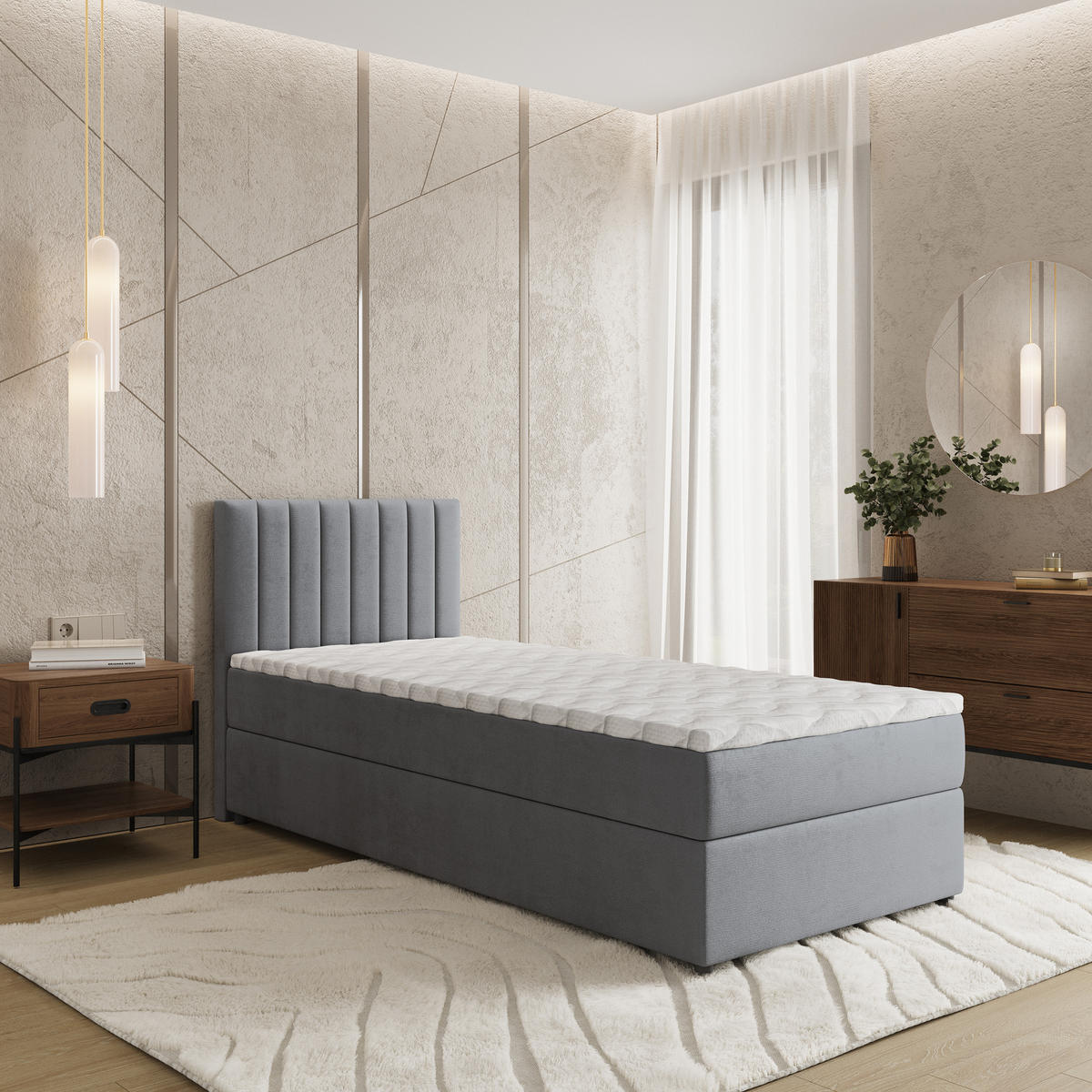 BOXBETT BRESEL 100 100x200 cm mit Matratze und Topper, H2+H3 - Grau - Grau, Holz (100/200cm) - MASSENO