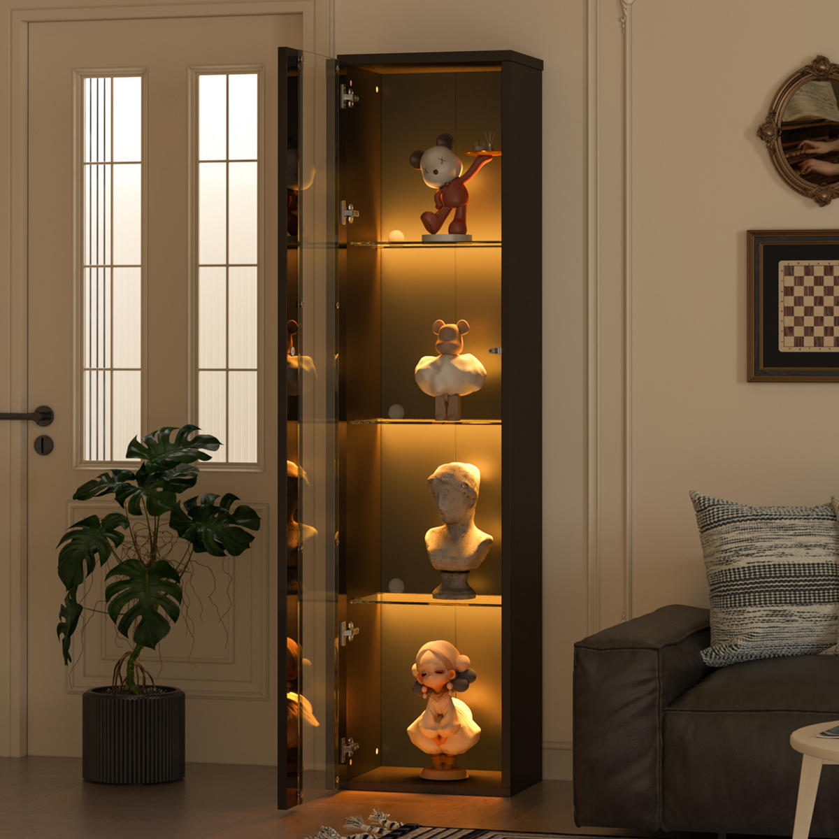 VITRINE mit Acrylglas 4 Ebenen LED Farbwechsel Fernbedienung/APP Spanplatte Transparent Design - Transparent/Schwarz, Glas/Holzwerkstoff (40/170/29cm) - EVRYAE